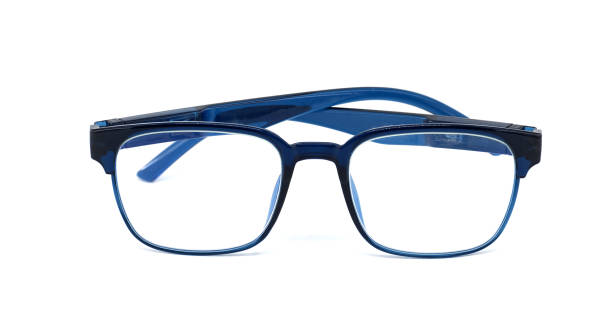 istock Stylish blue and black eyeglasses with frameless clear lenses isolated on white background 2177532382