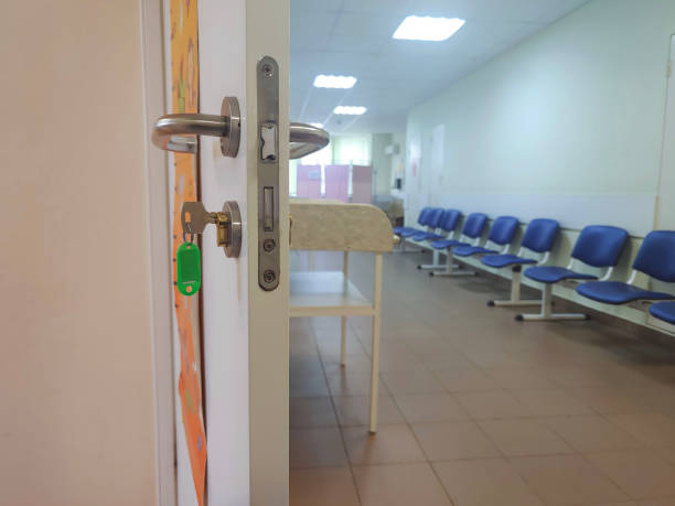 istock Empty corridor in hospital with chairs. Hospital hallway. 2177532648