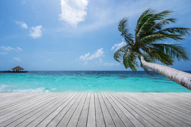 istock Empty wooden terrace beside tropical sea shore 2177533707