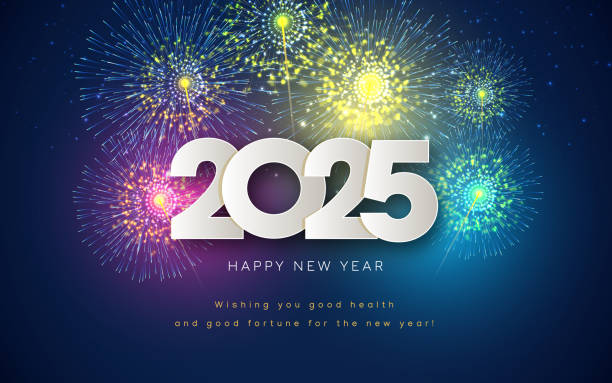 2025 date on fireworks background, new year card - silvester stock-grafiken, -clipart, -cartoons und -symbole