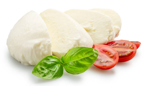istock Sliced mozzarella cheese with basil leaves and cherry tomatoes on white background. File contains clipping path. 2177546297