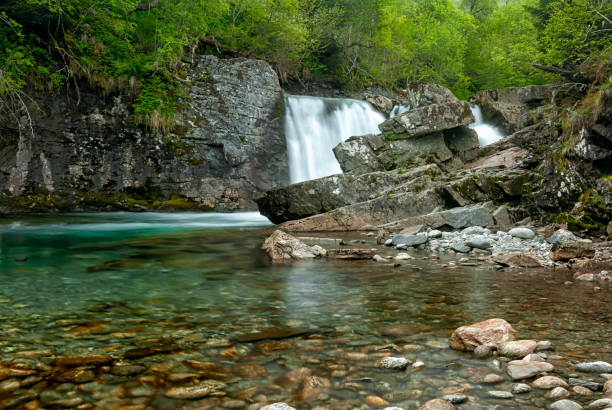 istock Crystal-clear waters flow gently over rocks beneath a stunning waterfall surrounded by lush greenery in a tranquil forest setting 2177549385
