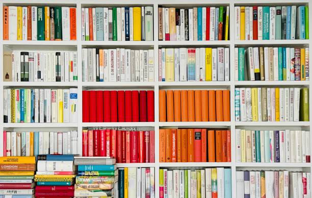 istock Colorful book shelves with a red orange center 2177550438