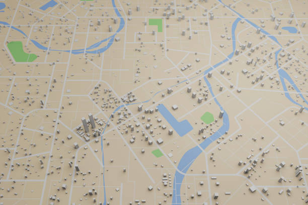 istock 3D rendering city map illustration of a city map created using 3D modeling. Top view of Urban map with main road and sub road detailed representation of a city 2177554018