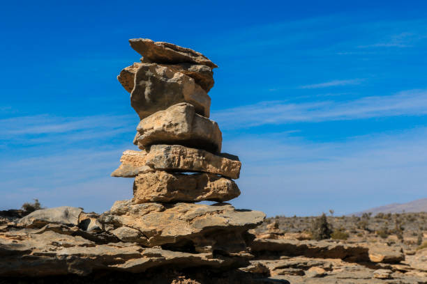 istock Balancing rocks in Oman's rugged landscape under a clear blue sky 2177557676