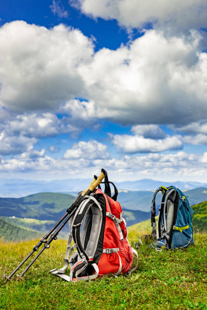 istock Hiking in the mountains with a backpack and walking poles. 2177559602
