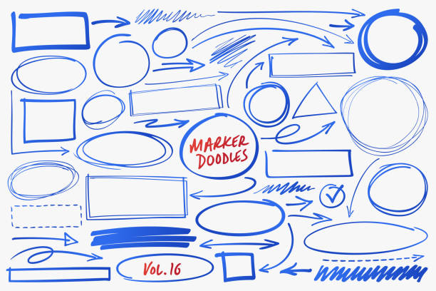 Highlighter marker arrows, circle, oval, rectangular and square shape drawings. Marker scribble drawings.