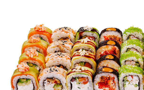 istock Big sushi set with various kinds of maki rolls isolated on white background 2177564832