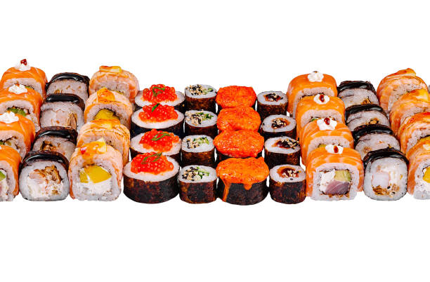 istock Sushi set forming a delicious straight line on white background 2177564895
