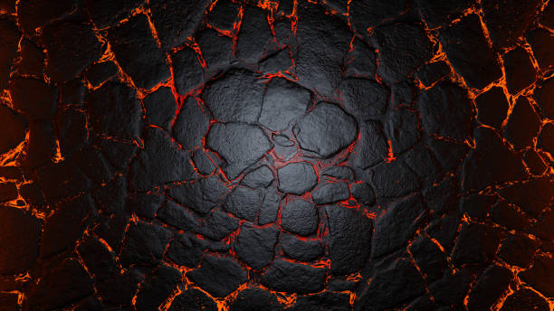 Abstract rock background with lava gaps between the stones. Mainers underground with center light. Molten red lava cracks and rocks.