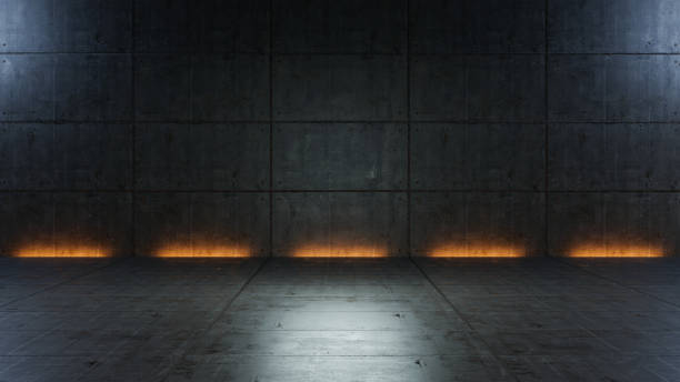 istock Atmospheric light in the modern futuristic underground showroom with a concrete wall. Empty space garage, light effects, rough concrete tiles. 2177566536