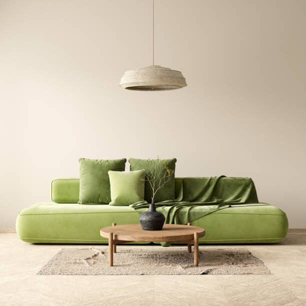 istock Mock up poster frame in boho style decorated livinig room. Modern, authentic Interior design of living room with wooden furnitures. 3D illustration 2177568238