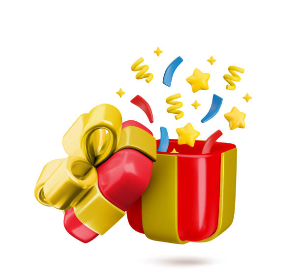 istock Vector Cartoon 3d festive red gift box icon. Cute realistic open present with gold bow, stars and confetti explosion. 3d render prize illustration for win concept, birthday congrats, Christmas sale 2177570017