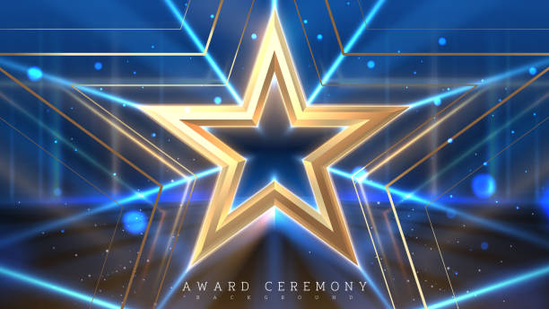 istock 3D luxury golden stars with spotlights and bokeh decorations on blue stage backdrop, elegant awards ceremony background design concept. Vector illustration. 2177579987