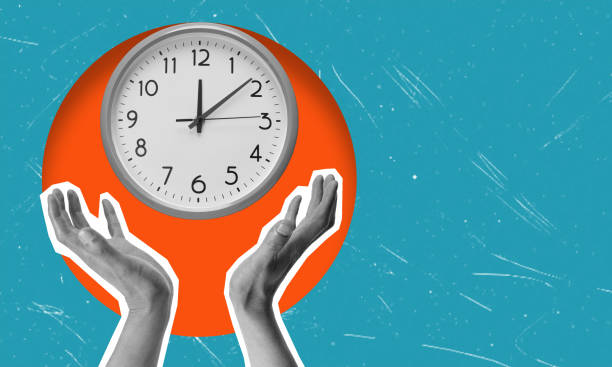 istock Modern art collage featuring hands and clock on blue background with copy space. 2177580839