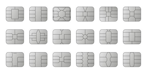 ilustraciones, imágenes clip art, dibujos animados e iconos de stock de emv chip silver vector icons. contactless payment at terminals and atms. set line nfc symbol. square computer microchips for credit debit cards. - tarjeta de crédito
