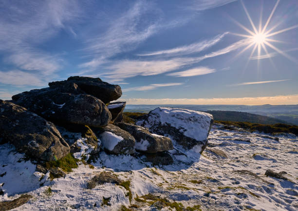 Stunning Winter sunset landscape from mountains looking over countryside
