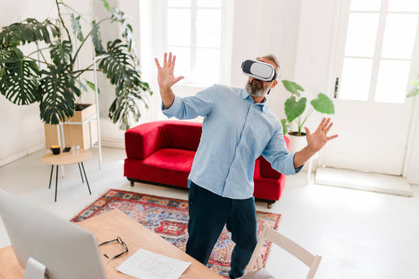istock Handsome men with glasses of virtual reality. Future gadgets technology concept. Modern imaging 2177588512