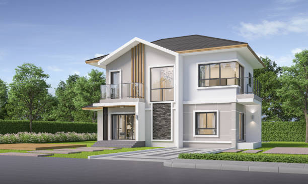 istock Modern house exterior day light with lawn grass.3d rendering 2177590294