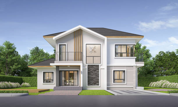 istock Modern house exterior day light with lawn grass.3d rendering 2177590295