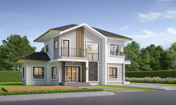 istock Modern house exterior day light with lawn grass.3d rendering 2177590298