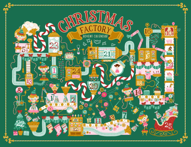 Christmas factory Santa Claus advent calendar for children. Hand drawn vector cartoon illustration of funny elf characters with retro fantastic mechanisms, pipes and conveyor. from 1 to 25 numbers. Christmas factory Santa Claus advent calendar for children. Hand drawn vector cartoon illustration of funny elf characters with retro fantastic mechanisms, pipes and conveyor. from 1 to 25 numbers child robot class stock illustrations