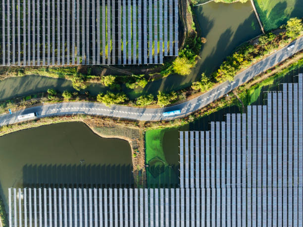 istock Drone perspective view of solar power stations on fish farm 2177594548