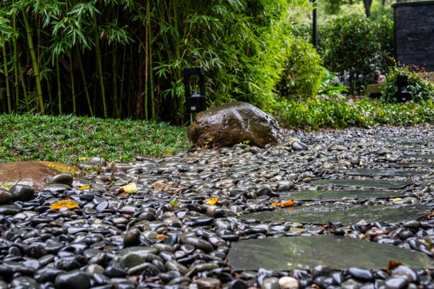 istock Decorative sprinkling of flowerbed paths with pebbles 2177595507