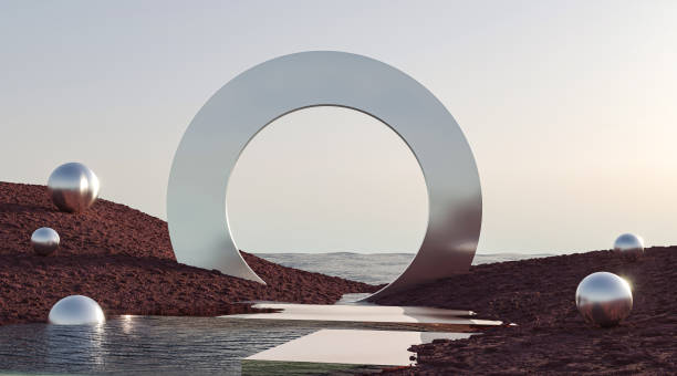 Architectural composition on surreal landscape with water. Gate, glossy portal with empty podium.