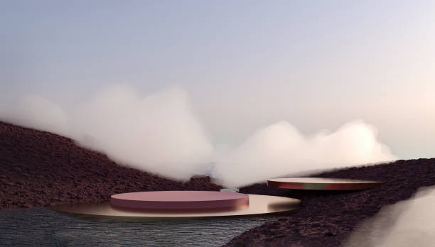istock Architectural composition on surreal landscape with water. Dry, red land with empty podium. 2177595908
