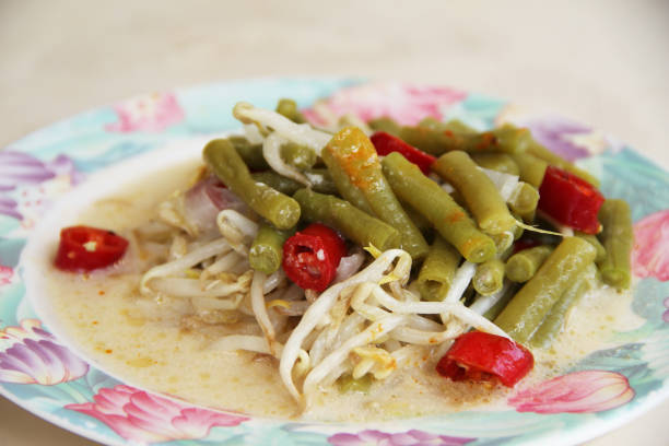 popular yummy indonesia spicy malay halal food menu curry chicken, rendang beef, asap fish, fried vegetable, begedil potato, chilli sambal achar, egg cuisine for restaurant dining