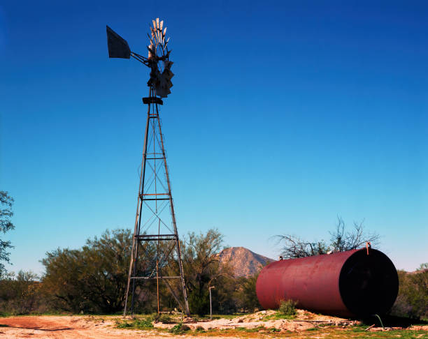 Film image of Old windmill at an abandonded Arizona ranch