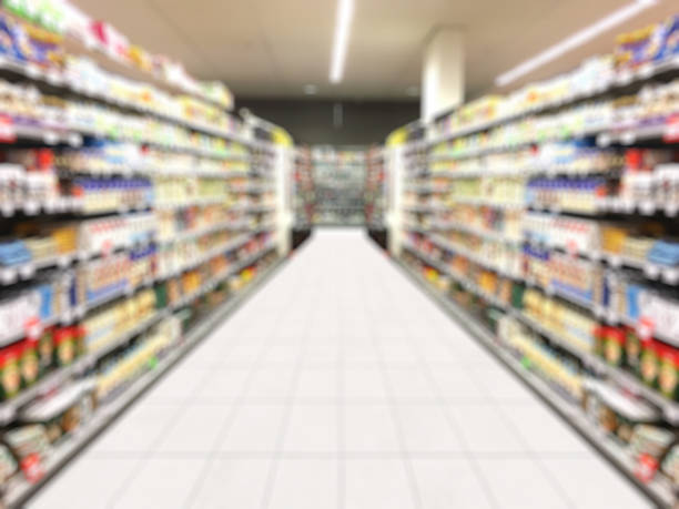 Supermarket shelf interior blured background