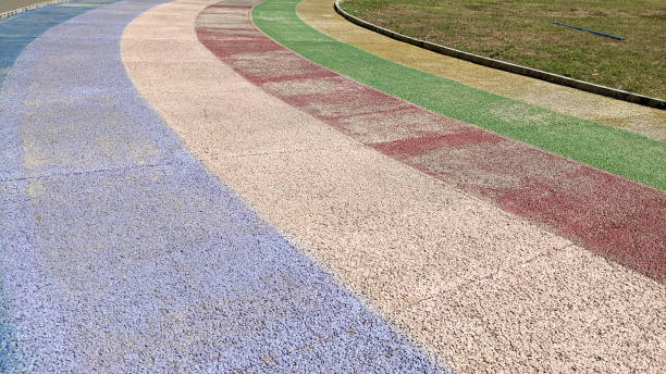 istock A colorful walking path in a park or public space. A colorful, curved pathway with rainbow-colored stripes 2177606519