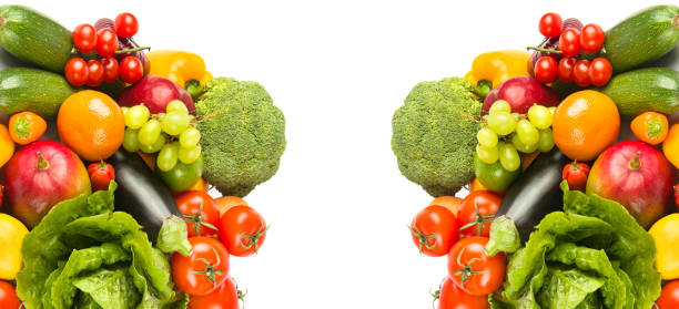 istock Healthy vegetables and fruit isolated on white. Collage. Free space for text. Wide photo. 2177606892