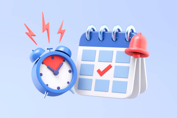 Blue alarm clock with red lightning bolts and a calendar with a marked date and notification bell, symbolizing deadlines, reminders, time management, appointments, and productivity.  3d illustration