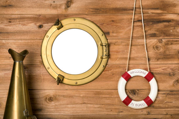 istock Maritime background with porthole, life belt and bullhorn 2177614647
