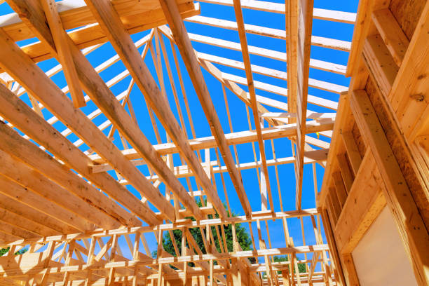 Construction is under way on new timber truss framed home with a roof joints