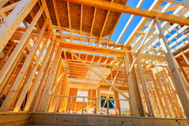 istock Building framework for new home with wooden truss, beams, posts as part of a construction process 2177618679