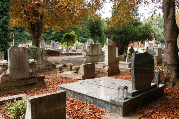 istock autumn cemetery scene with fallen leaves and gravestones 2177621567