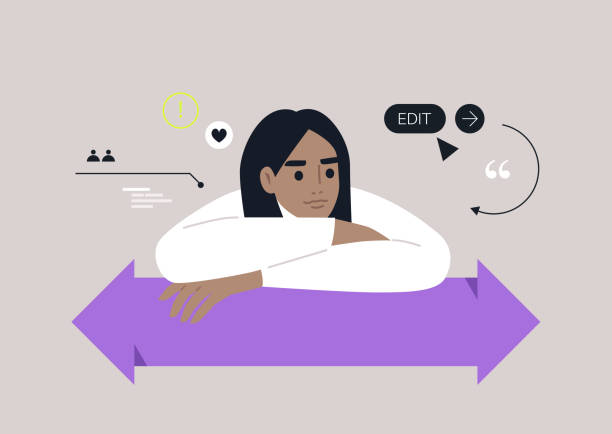 A thoughtful individual leans on a large arrow, reflecting on choices, Surrounding them are digital symbols, emphasizing the blend of human emotion and technology in today's world