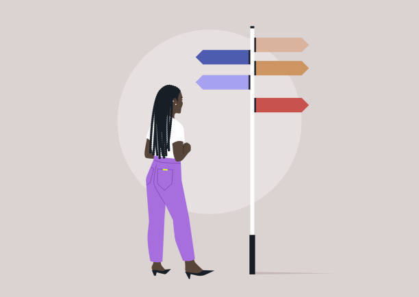 A figure stands thoughtfully at a vibrant signpost with multiple arrows, reflecting on various paths and possibilities, The backdrop suggests a contemporary, minimalistic setting A figure stands thoughtfully at a vibrant signpost with multiple arrows, reflecting on various paths and possibilities, The backdrop suggests a contemporary, minimalistic setting directional sign stock illustrations