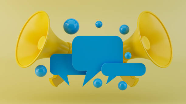 istock 3D render of yellow megaphones, blue speech bubbles, and floating blue spheres on a soft yellow background, representing communication and social media concepts. Minimal design, vibrant colors, smooth textures, and clean aesthetic. 2177623424