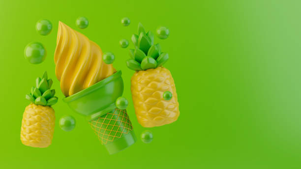 Pineapples and an ice cream cone with a soft serve swirl on a bright green background, floating bubbles, tropical theme, playful composition, glossy textures, yellow and green palette 3D render.
