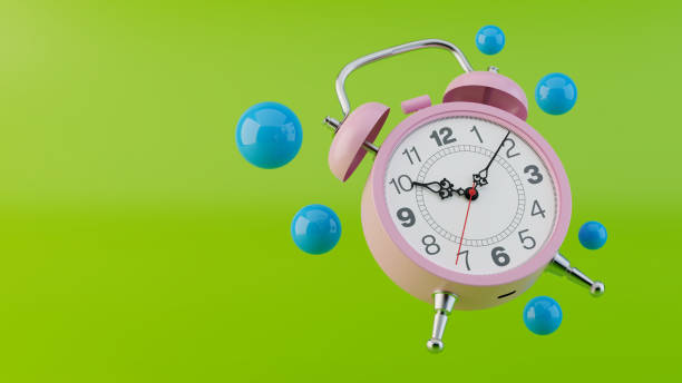 istock Pink retro alarm clock with blue floating bubbles on a vibrant lime green background, whimsical and playful time concept, glossy surfaces, high contrast, minimalist design, surreal 3D render. 2177623649