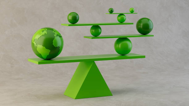 Global Balance Concept with Earth Sphere and Supporting Balls on Green Libra Scale. 3D Rendering.