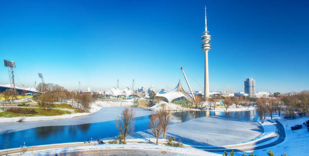 Panoramic view over the Olymic park (Olympiapark München) in Munich at winter, Germany