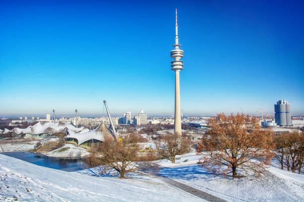 Panoramic view over the Olymic park (Olympiapark München) in Munich at winter, Germany