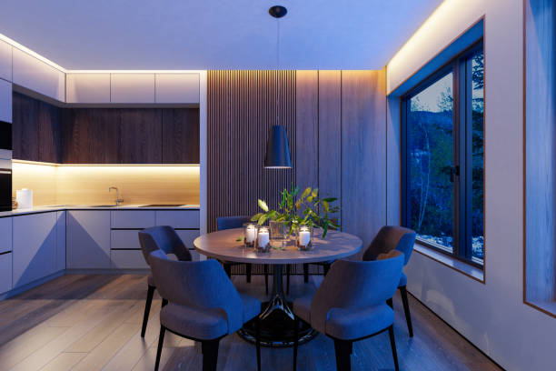 istock Cozy Scandinavian Dining Room and kitchen with Blue Hour Glow and Ambient Lighting 2177629295