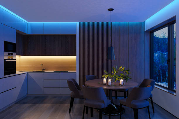 istock Cozy Scandinavian Dining Room and kitchen with Blue Hour Glow and Ambient Lighting 2177629450